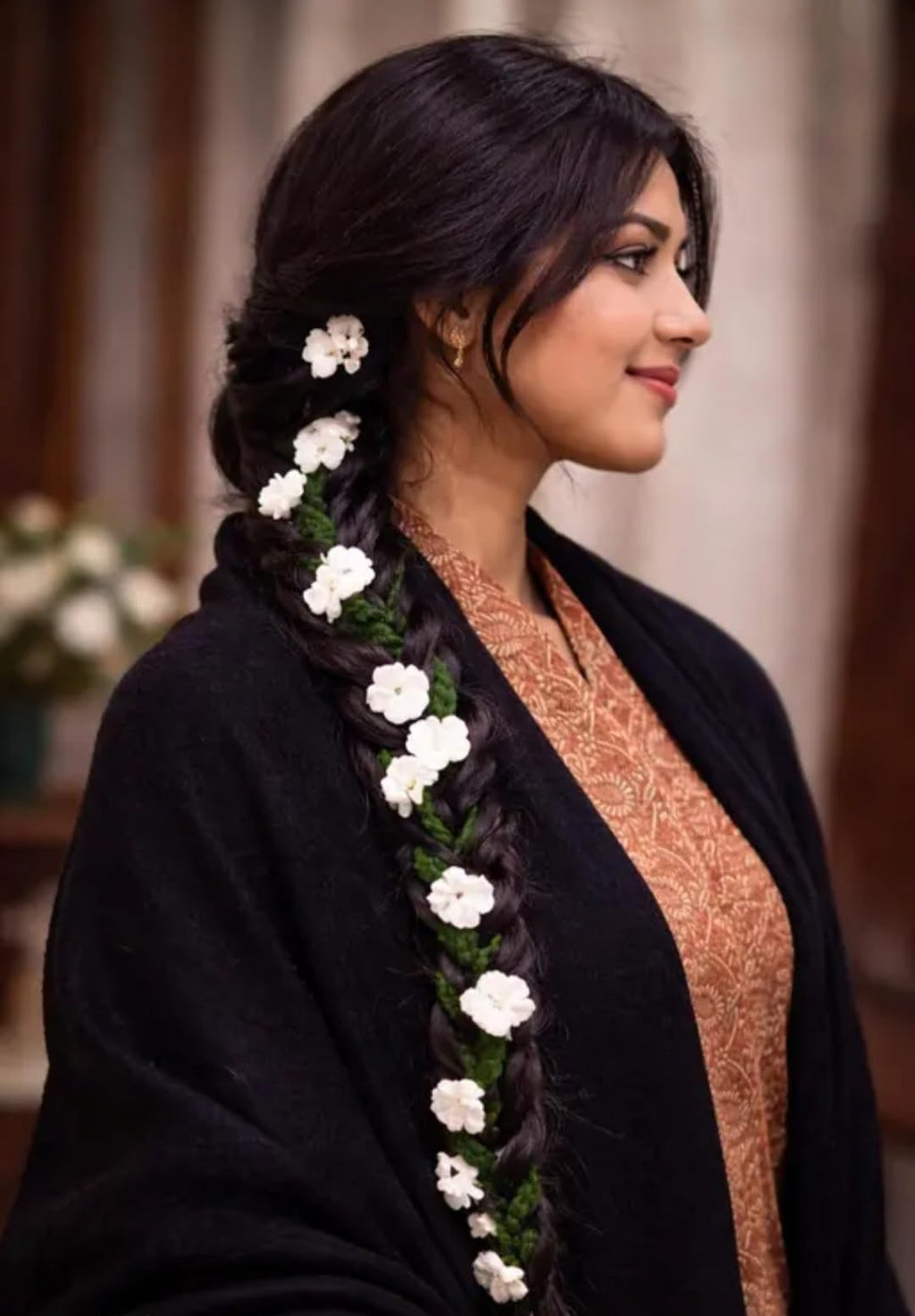 Floral Hair Braid Accessory, White Flowers with Green Leaves, Traditional Indian Bridal Style