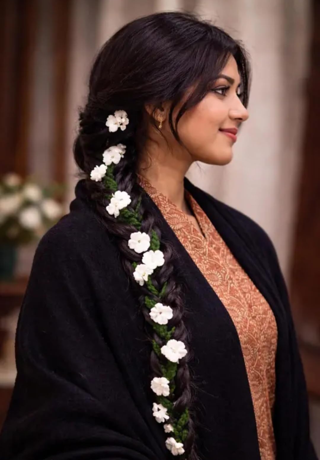 Floral Hair Braid Accessory, White Flowers with Green Leaves, Traditional Indian Bridal Style