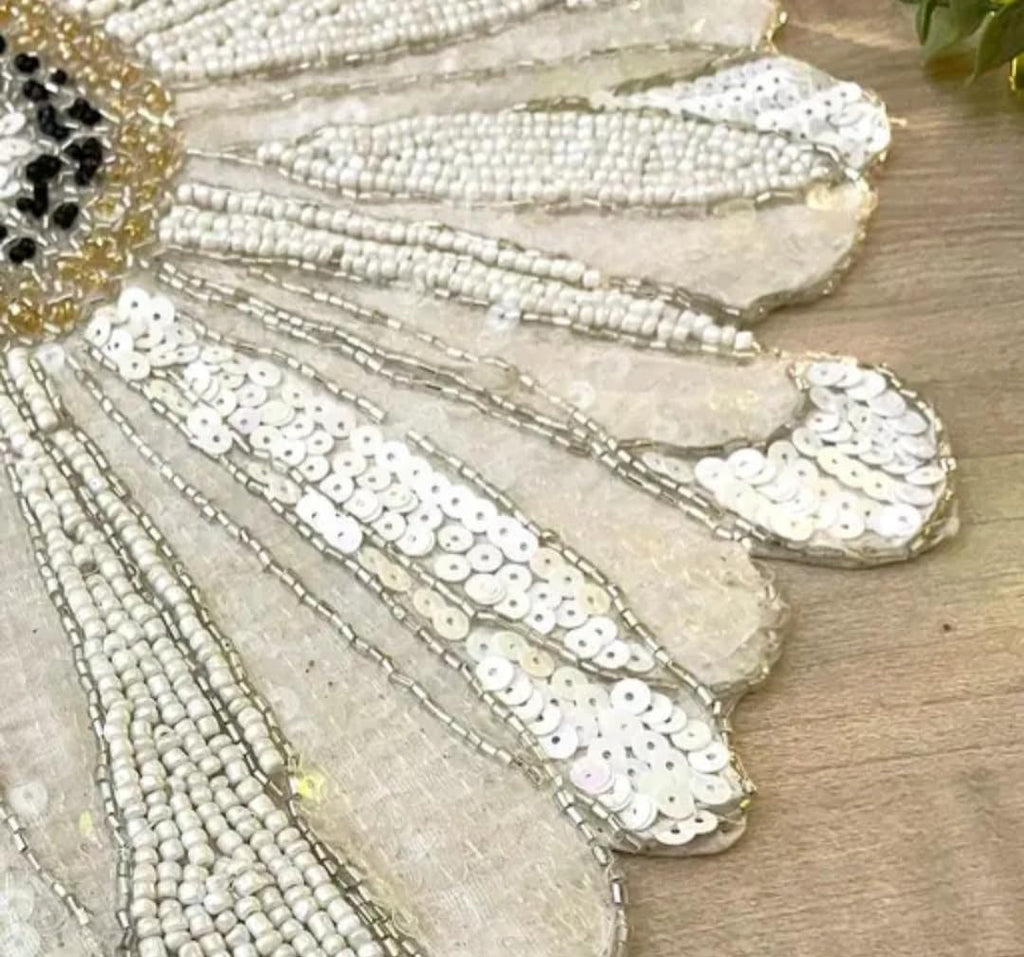 Beaded Daisy Placemat, White, Sequin Embellished Floral Table Mat, Handcrafted Decorative Charger Plate