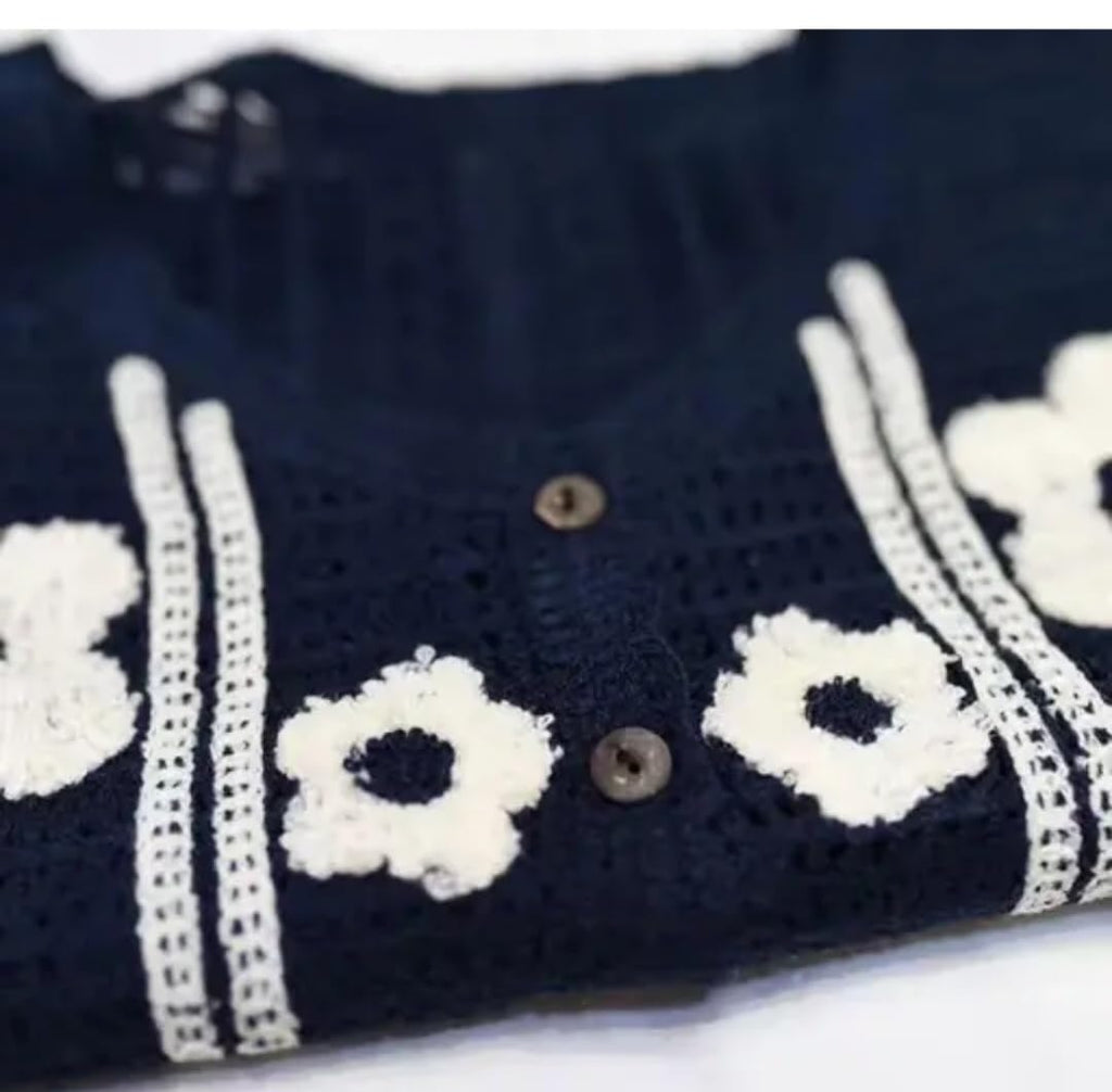 Women's Black Knit Vest, Floral Applique, Button-Front, Sleeveless Cropped Cardigan, Handmade top