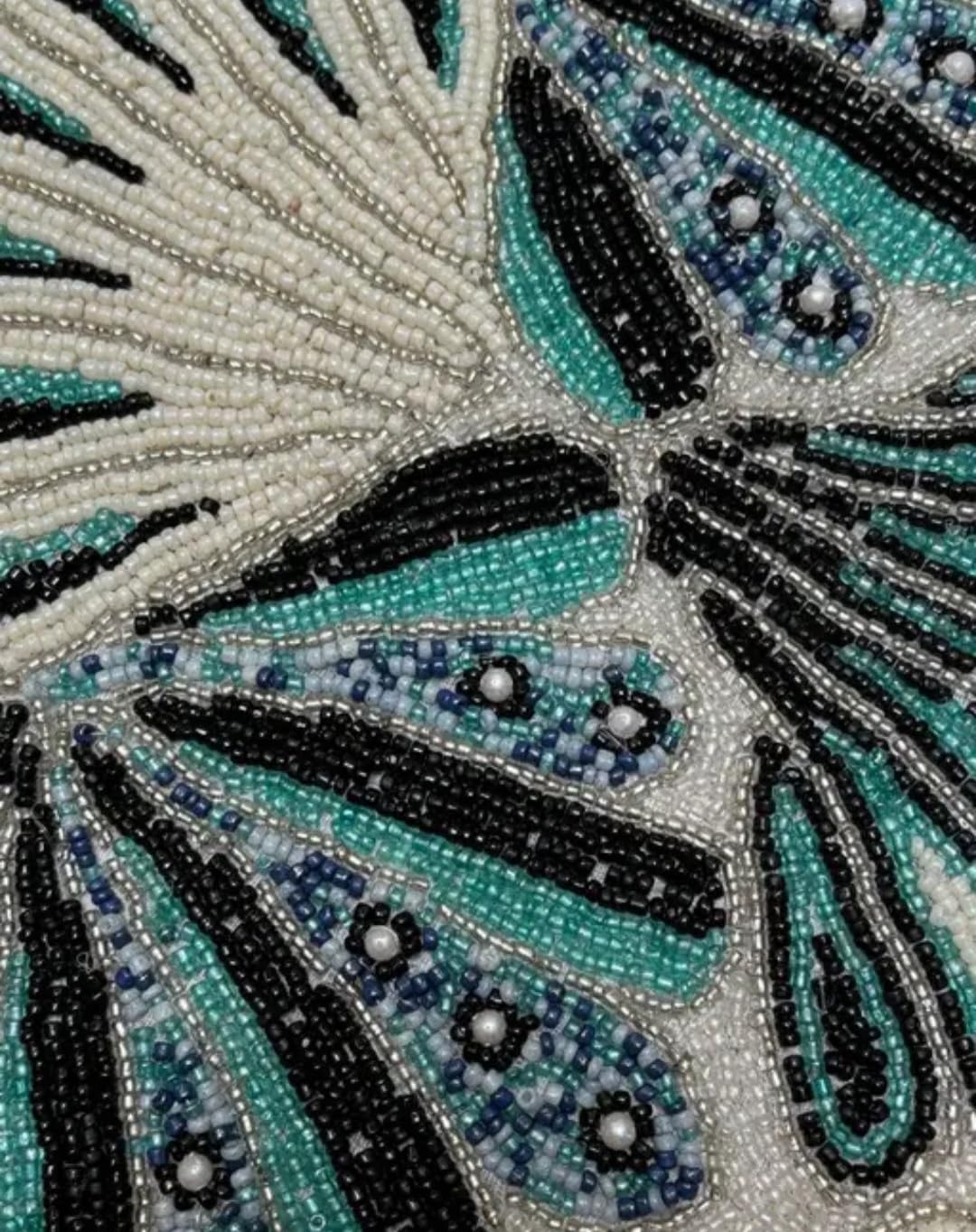 Beaded Table Runner, Teal and Black Floral Fan Design, Handcrafted Decorative Home Decor