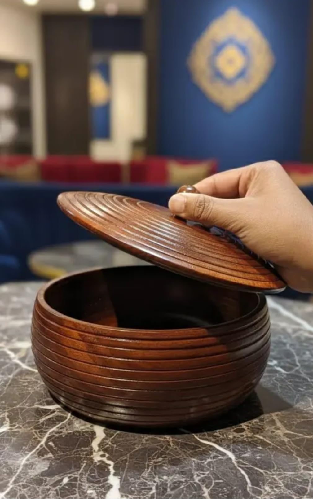 Wooden Bowl with Lid, Brown, Handcrafted Design, Ribbed Texture, Storage Container