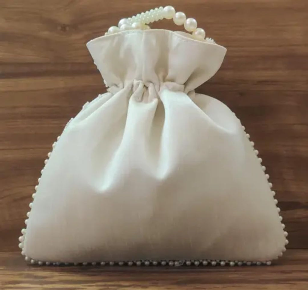 White Pearl Beaded Potlie Bag, Floral Embroidered Drawstring Clutch, Pearl Handle, Bridal Wedding Purse