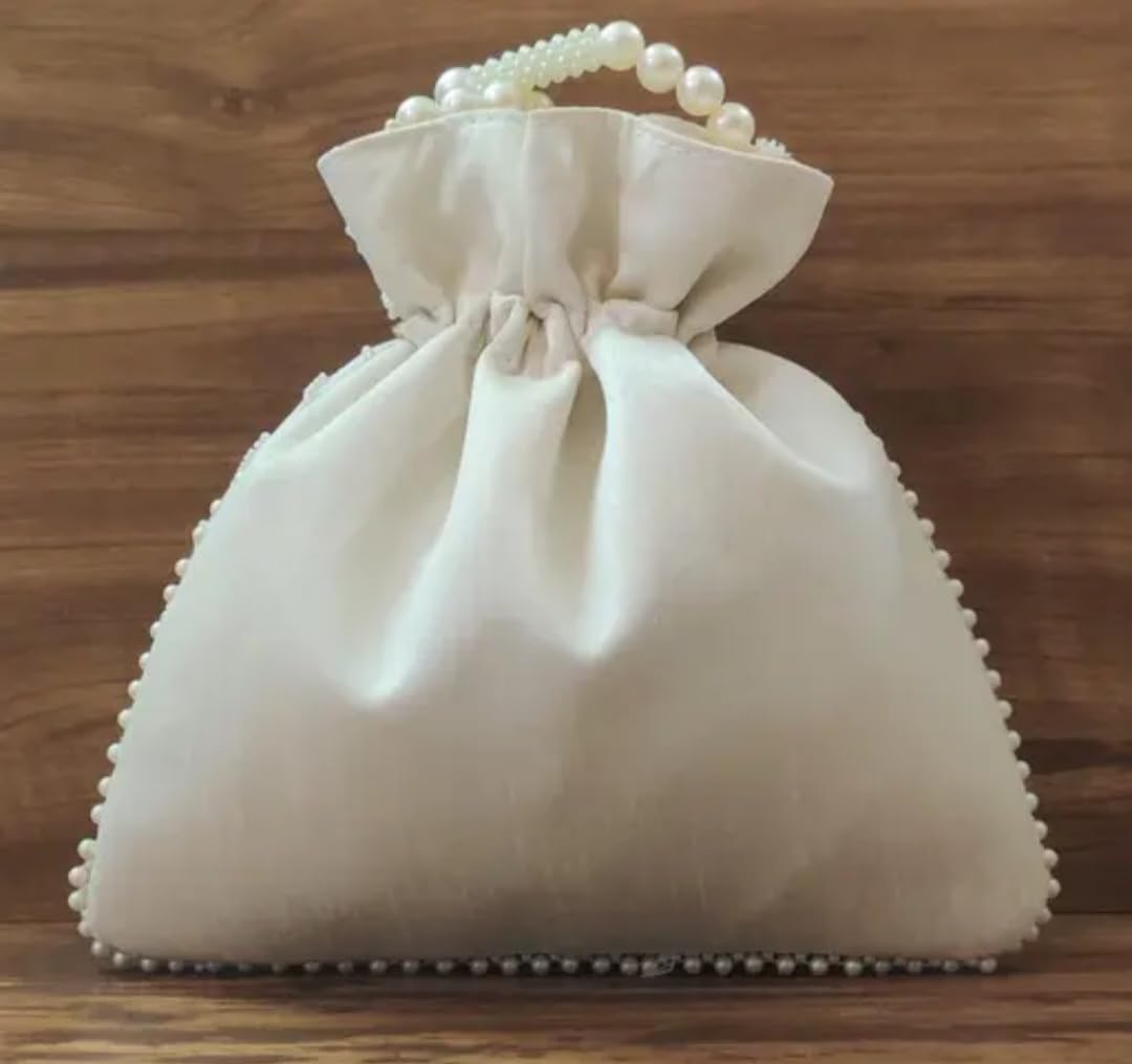 White Pearl Beaded Potlie Bag, Floral Embroidered Drawstring Clutch, Pearl Handle, Bridal Wedding Purse