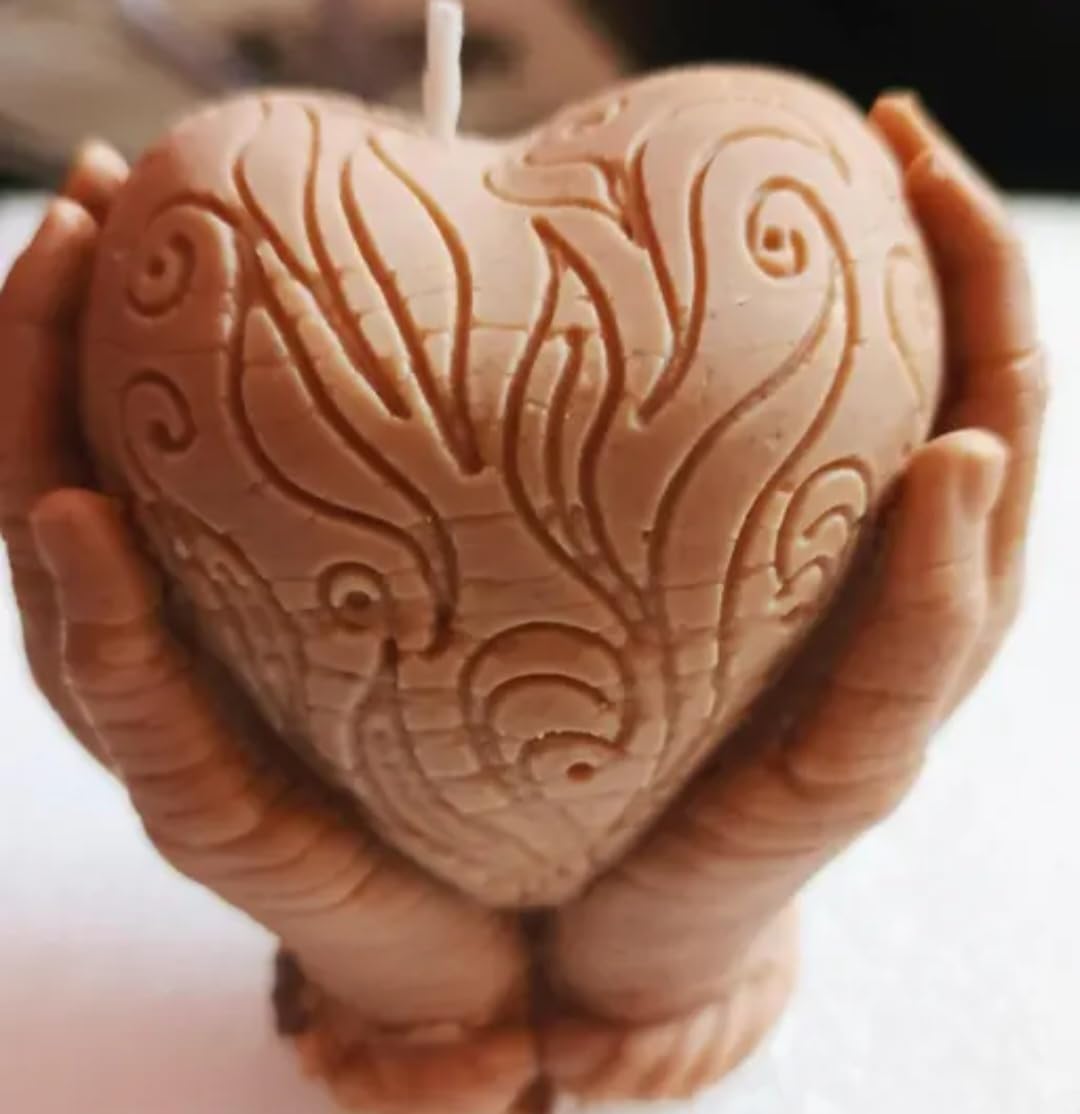 Heart Shaped Candle with Carved Floral Design, Hands Holder Base, Romantic Decor