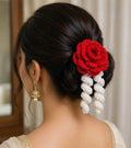 Crochet Rose Hair Bun Accessory, Red and White, Floral with Hanging Tassels, Bridal Style