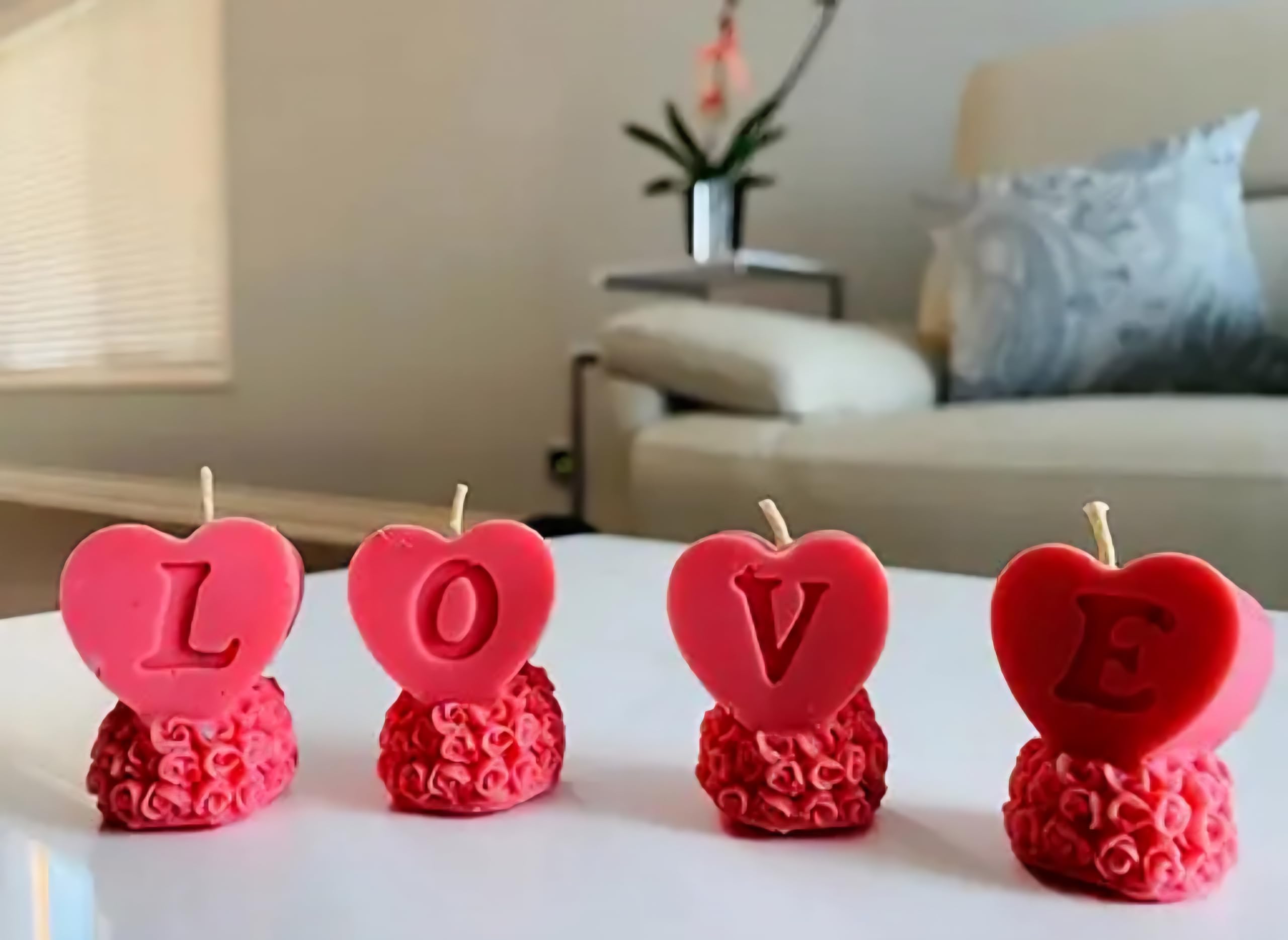 Valentine's Day Heart Shaped Candles, Love Letters Design, Red and Pink, Set of 4, Fancy Candle, Scented Candle, Decorative