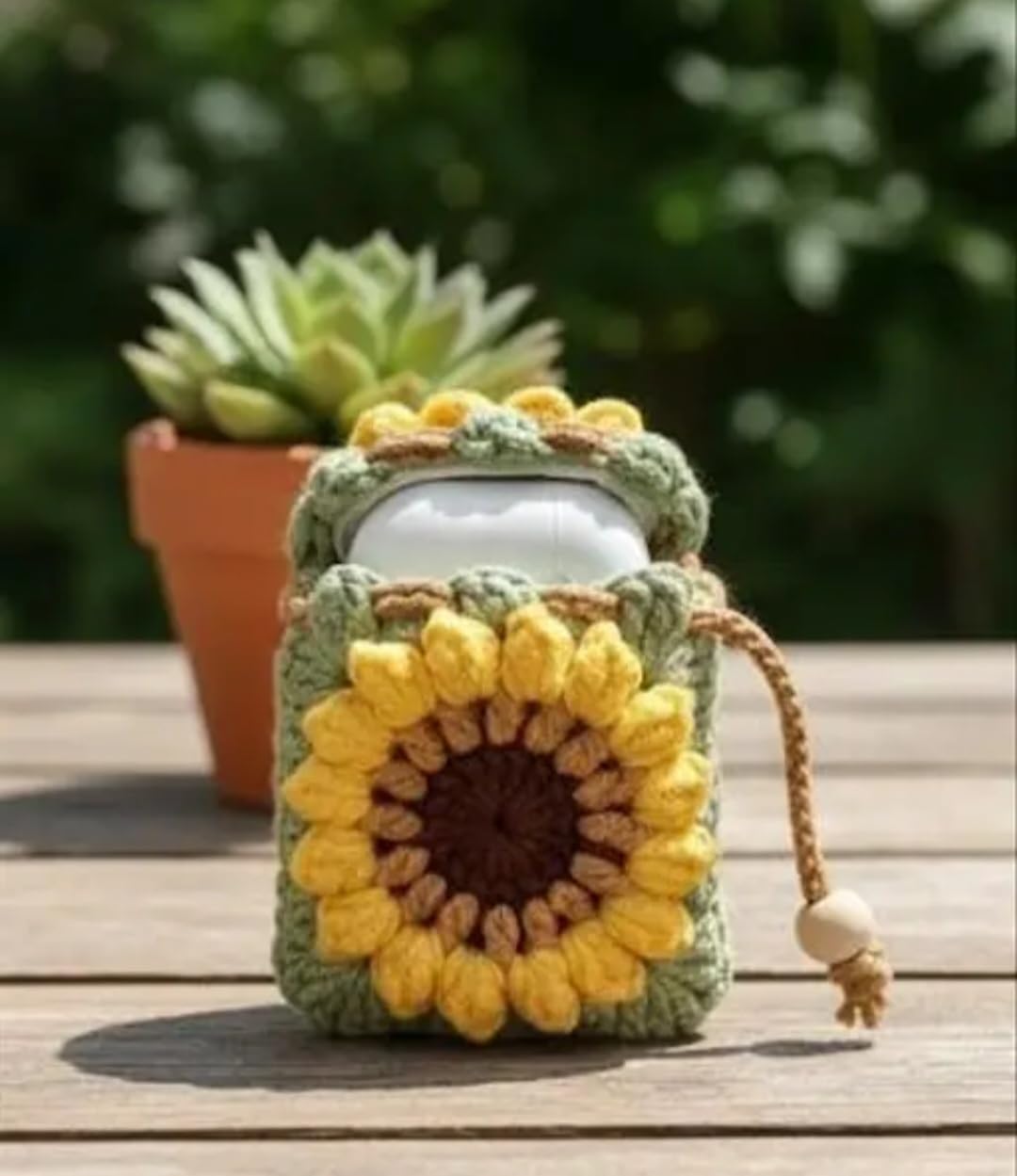 Crochet Sunflower AirrPods Case, Green and Yellow, Handmade Knit Cover Compatible with AirPods, Boho Floral Style with Drawstring