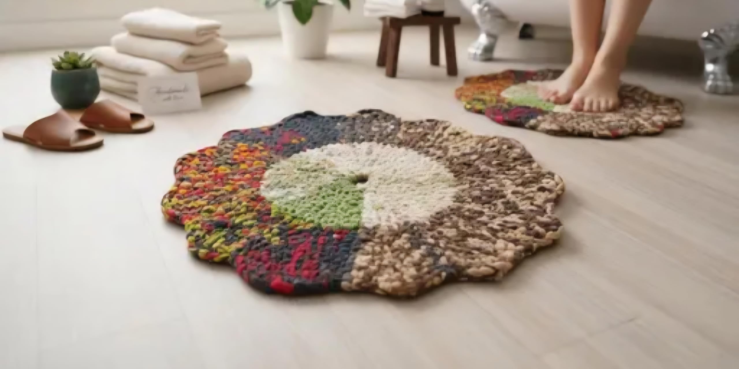 Handwoven Round Bath Mat Set, Multicolor, Boho Style, Crochet Flower Shape, Bathroom Rug