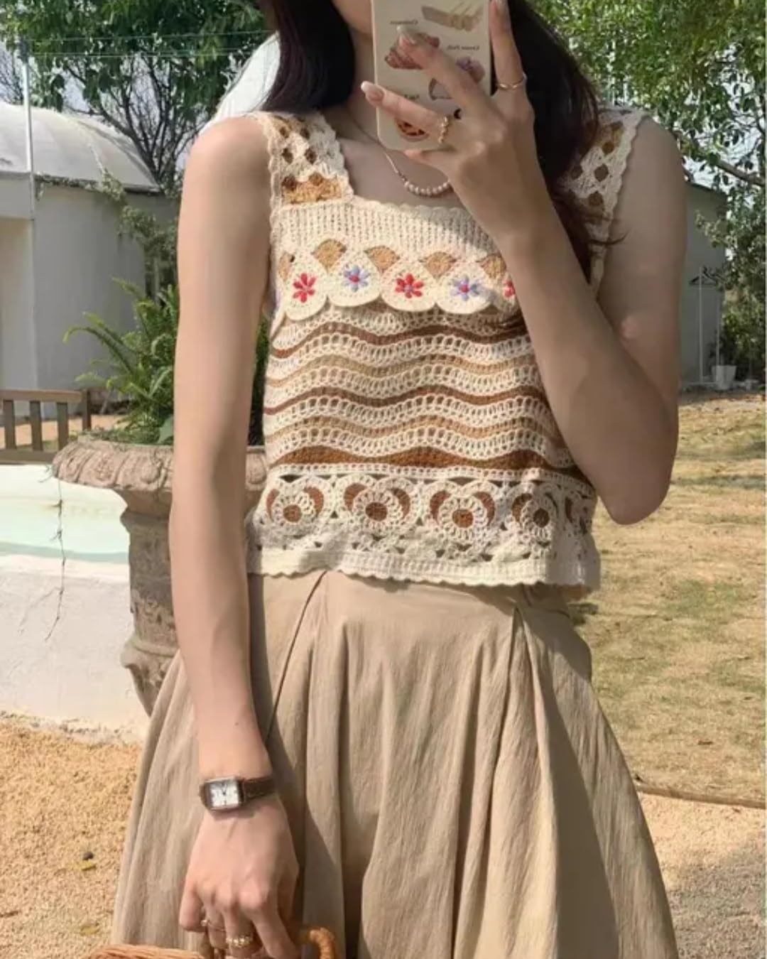Women's Crochet Crop Top, Boho Floral Design, Granny Square Knit, Cream and Brown, Handmade