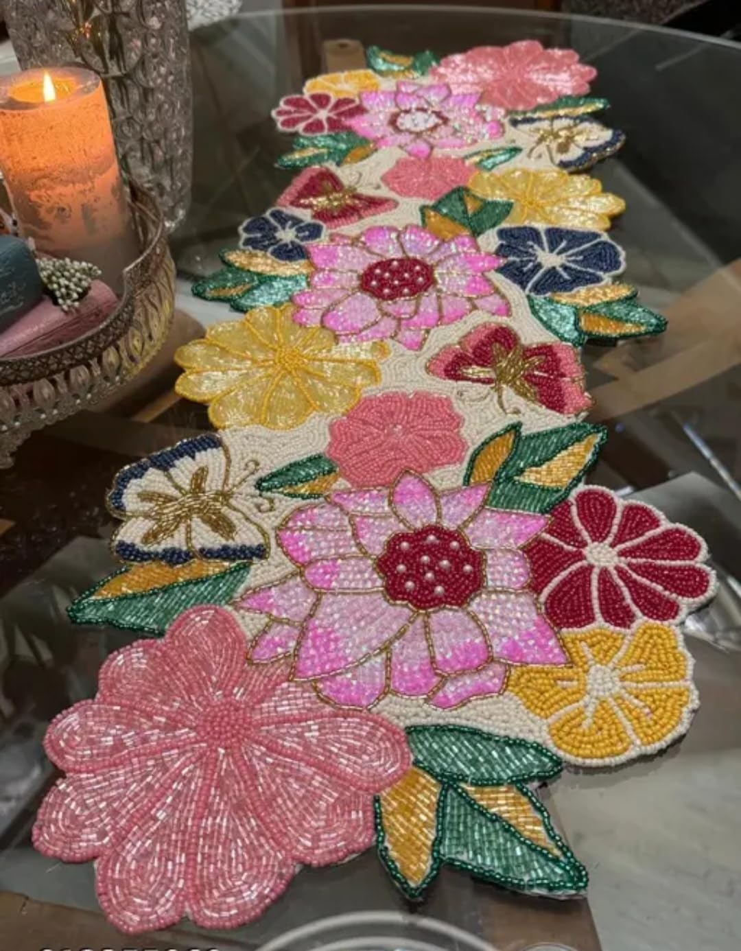 Beaded Floral Table Runner, Multicolor, Handcrafted Seed Bead, Botanical Garden Theme