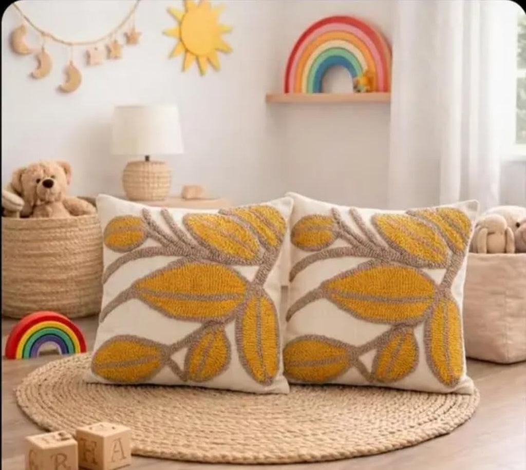 Hand Embroidered Leaf Throw Pillow Cover, Mustard Yellow on Cream, Boho Floral Design, 1 piece