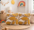 Hand Embroidered Leaf Throw Pillow Cover, Mustard Yellow on Cream, Boho Floral Design, 1 piece