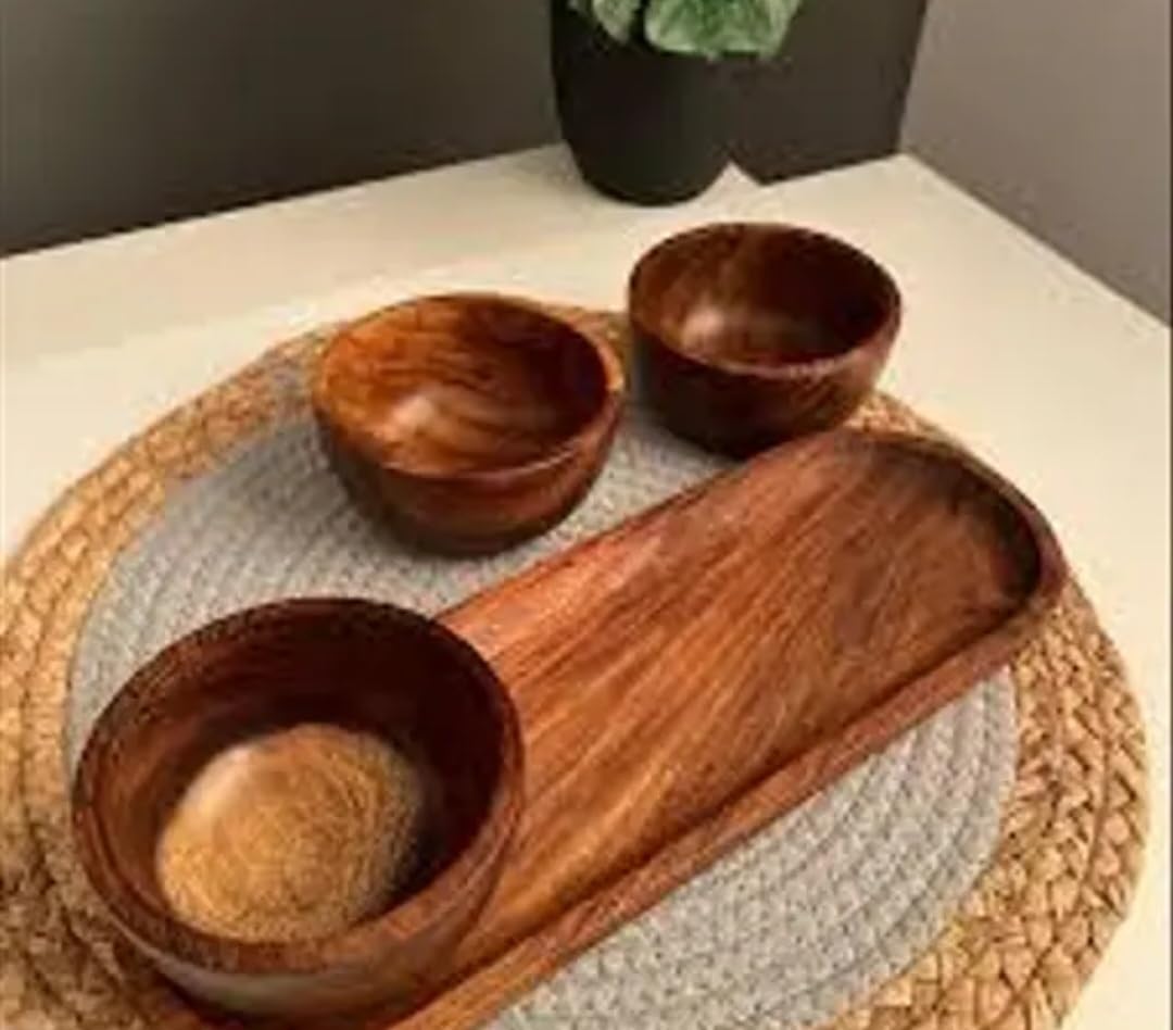 Wooden Serving Tray with Bowls Set, Natural Brown, 3 Round Bowls, Appetizer Snack Platter