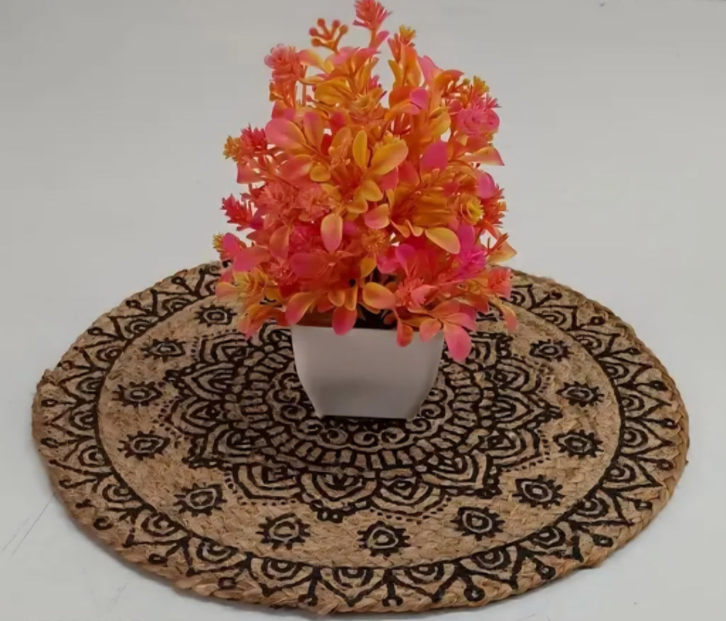 Round Jute Braided Rug with Mandala Print, Natural and Brown, Boho Style
