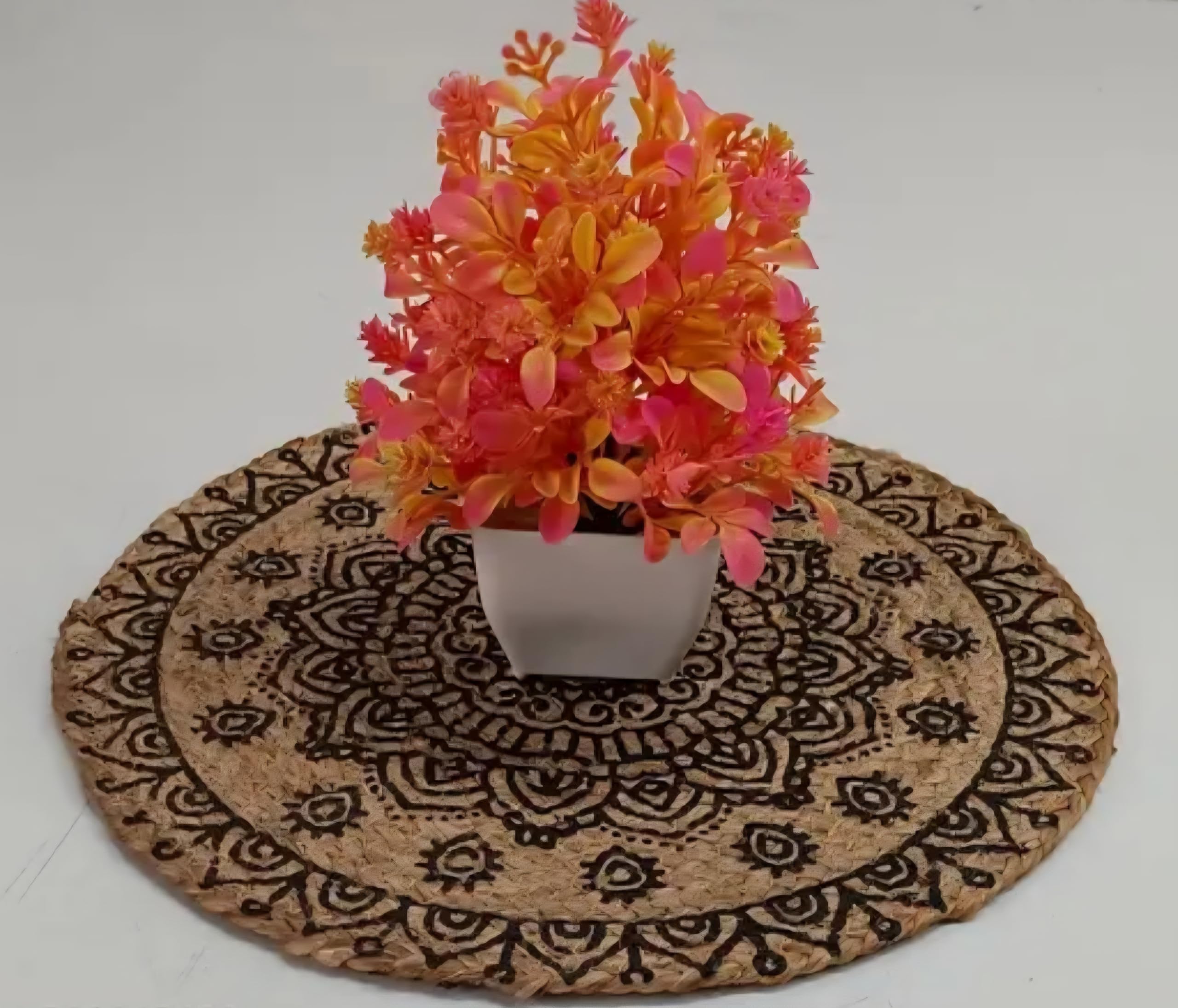 Round Jute Braided Rug with Mandala Print, Natural and Brown, Boho Style