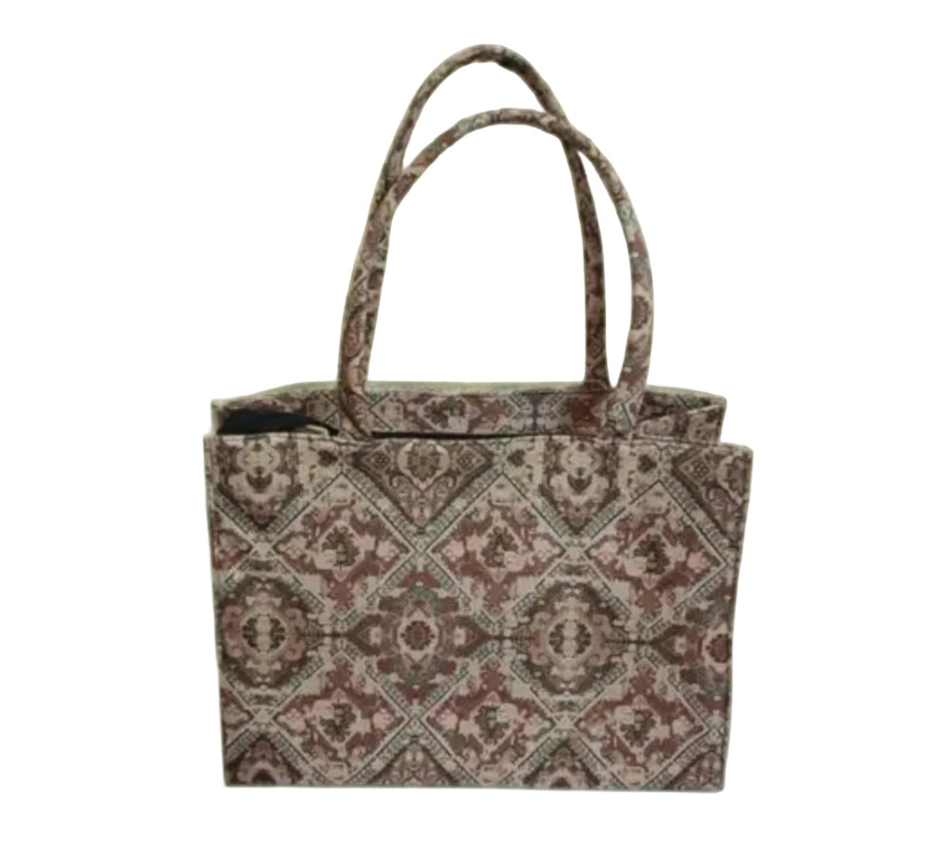 Vintage Pattern Tote Bag, Brown and Beige Diamond Floral Design, Double Handle
