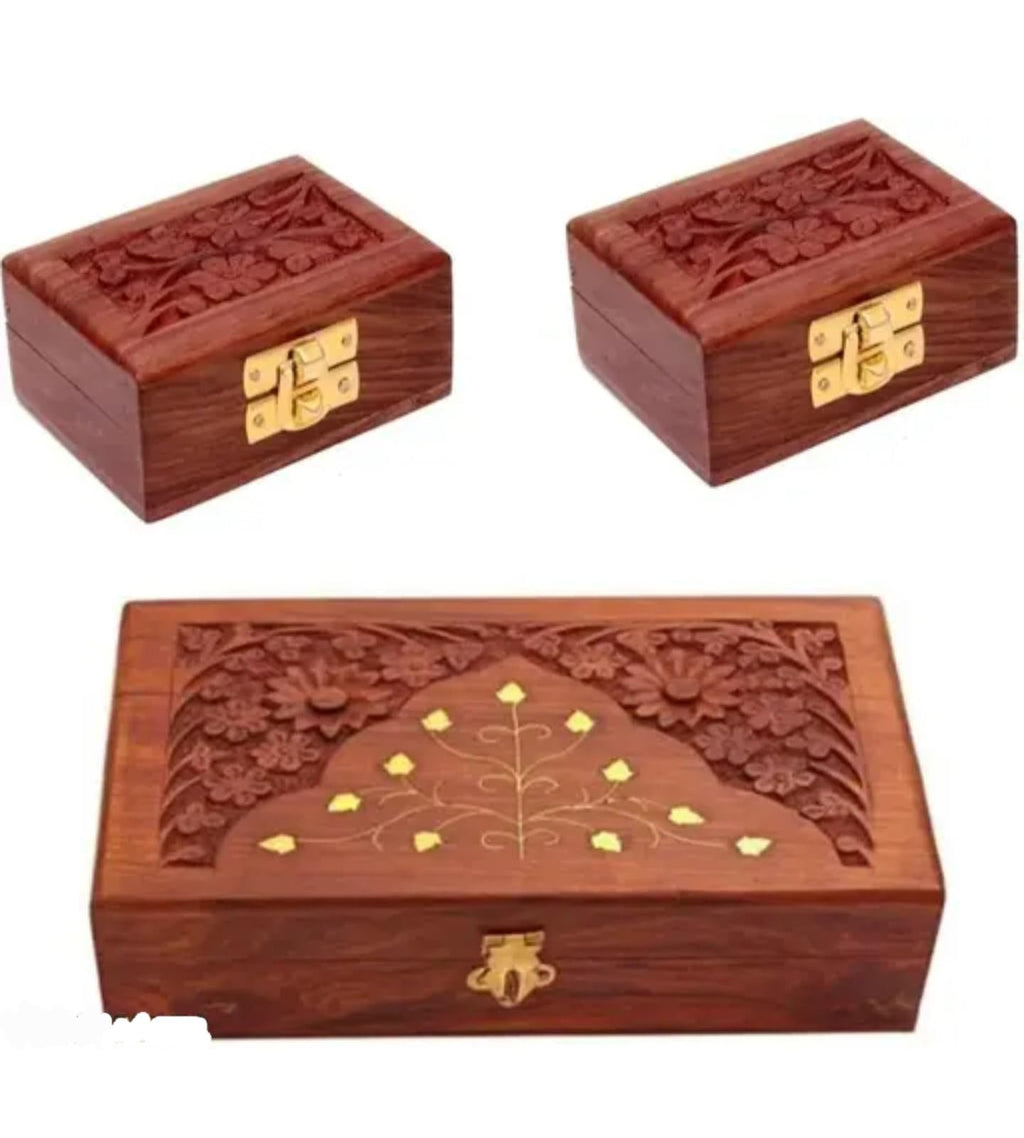 Handcrafted Wooden Jewelry Box, Brown Sheesham Wood with Brass Latch, Floral Carved Design, Gold Tree Inlay, Small Storage Box