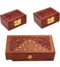 Handcrafted Wooden Jewelry Box, Brown Sheesham Wood with Brass Latch, Floral Carved Design, Gold Tree Inlay, Small Storage Box