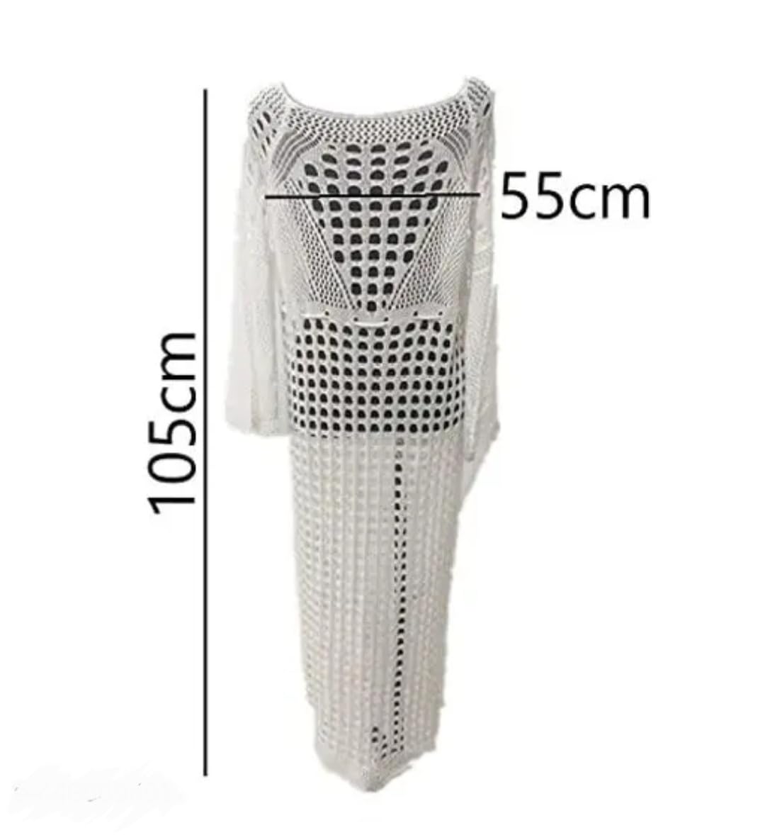 Women's Crochet Beach Cover-Up Maxi Dress, White, Long Sleeve, Side Slit, Swimsuit Coverup