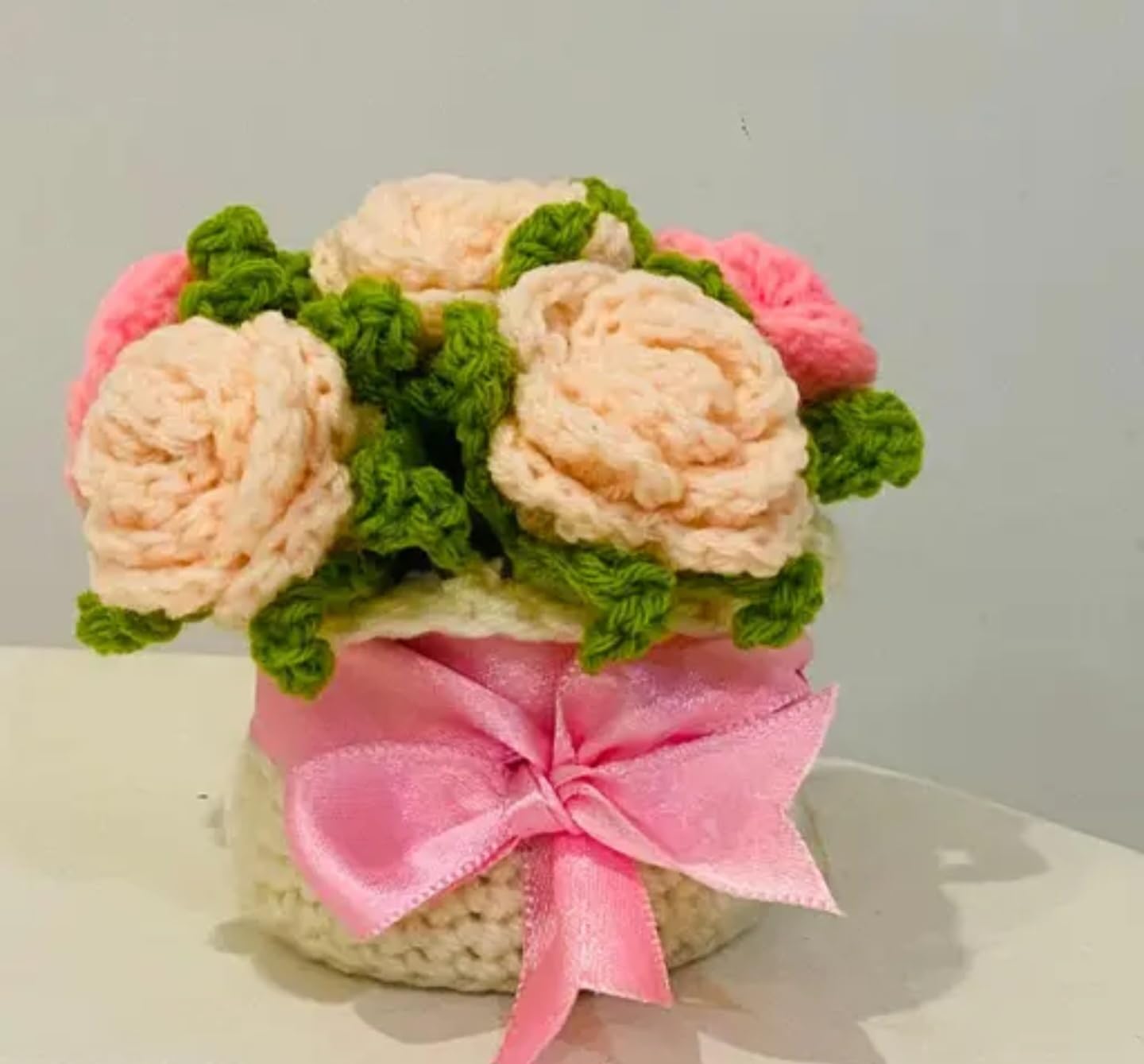 Handmade Crochet Baby Headband with Pink Bow, White Basket with Peach Roses, Green Leaves