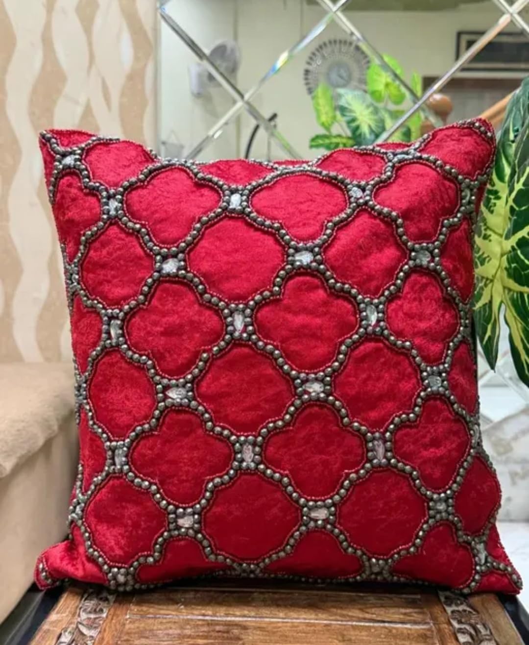 Red Velvet Decorative Cushion Cover with Silver Beaded Quatrefoil Embroidery, Sofa Throw Pillow