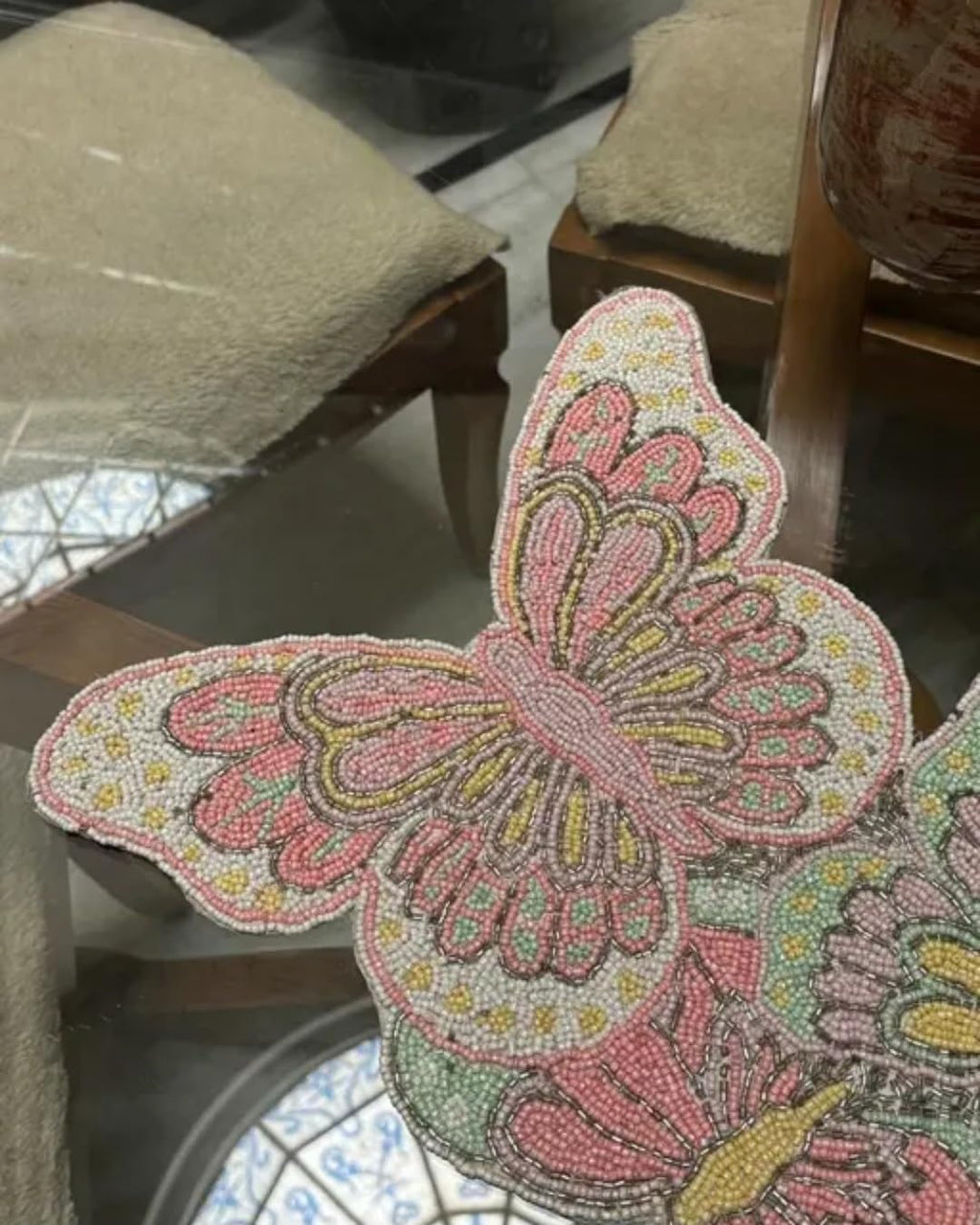 Butterfly Table Runner, Beaded Embroidered Design, Pink and Green, Dining Table Decor