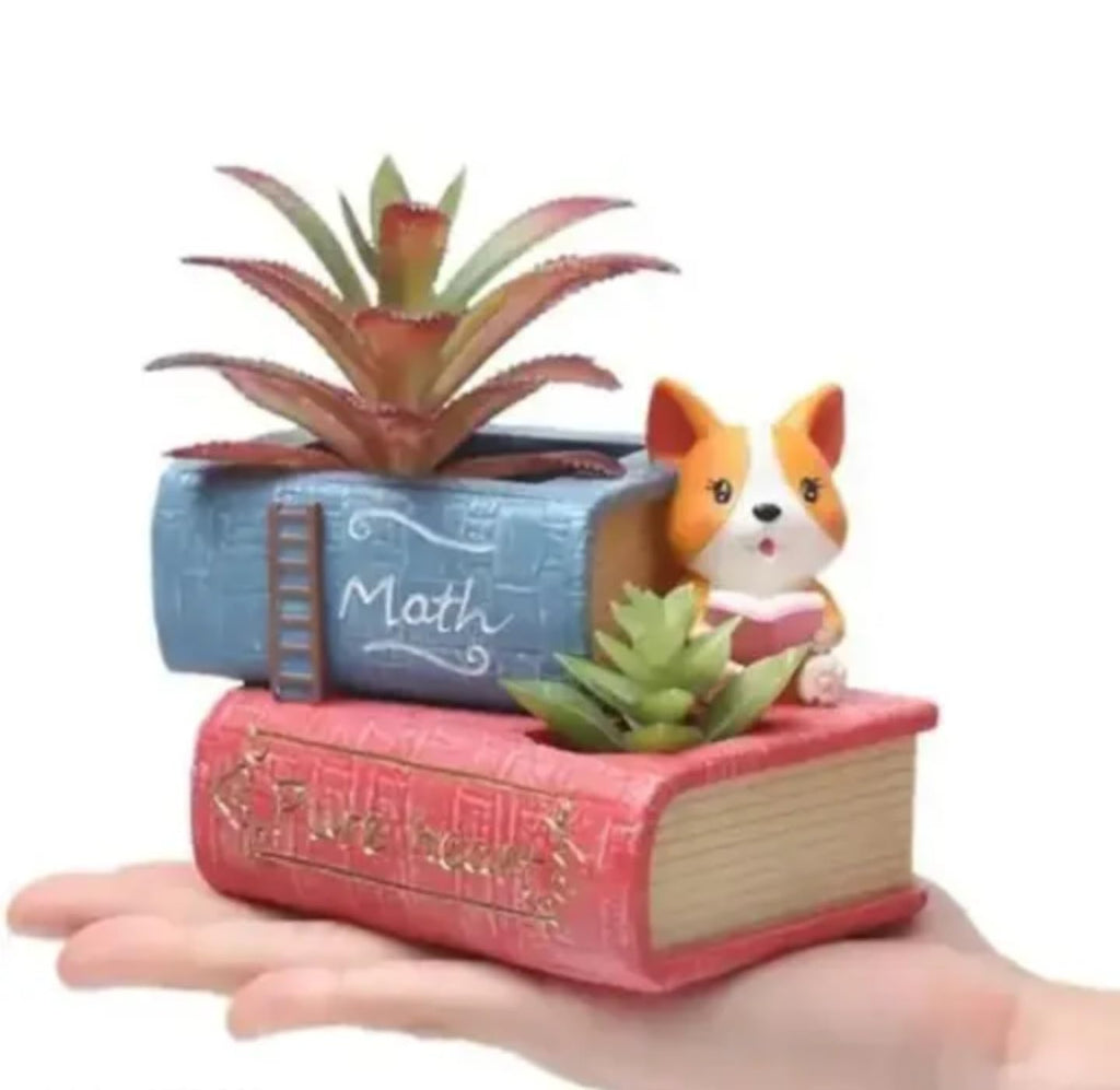 Decorative Succulent Planter with Cat Figurine, Book-Shaped Desk Organizer, Pink and Blue Math Book Design, Indoor Plant Holder
