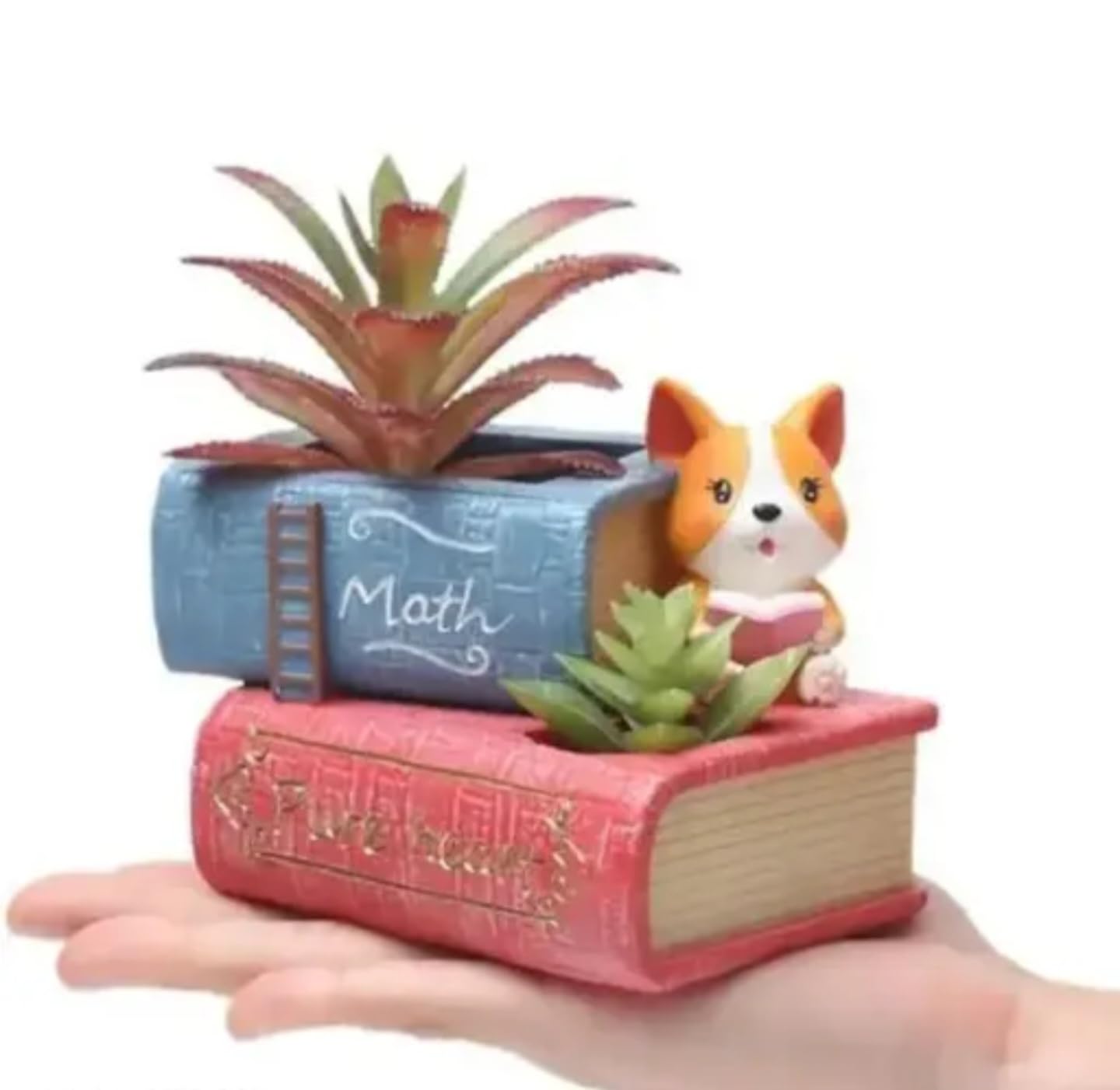 Decorative Succulent Planter with Cat Figurine, Book-Shaped Desk Organizer, Pink and Blue Math Book Design, Indoor Plant Holder