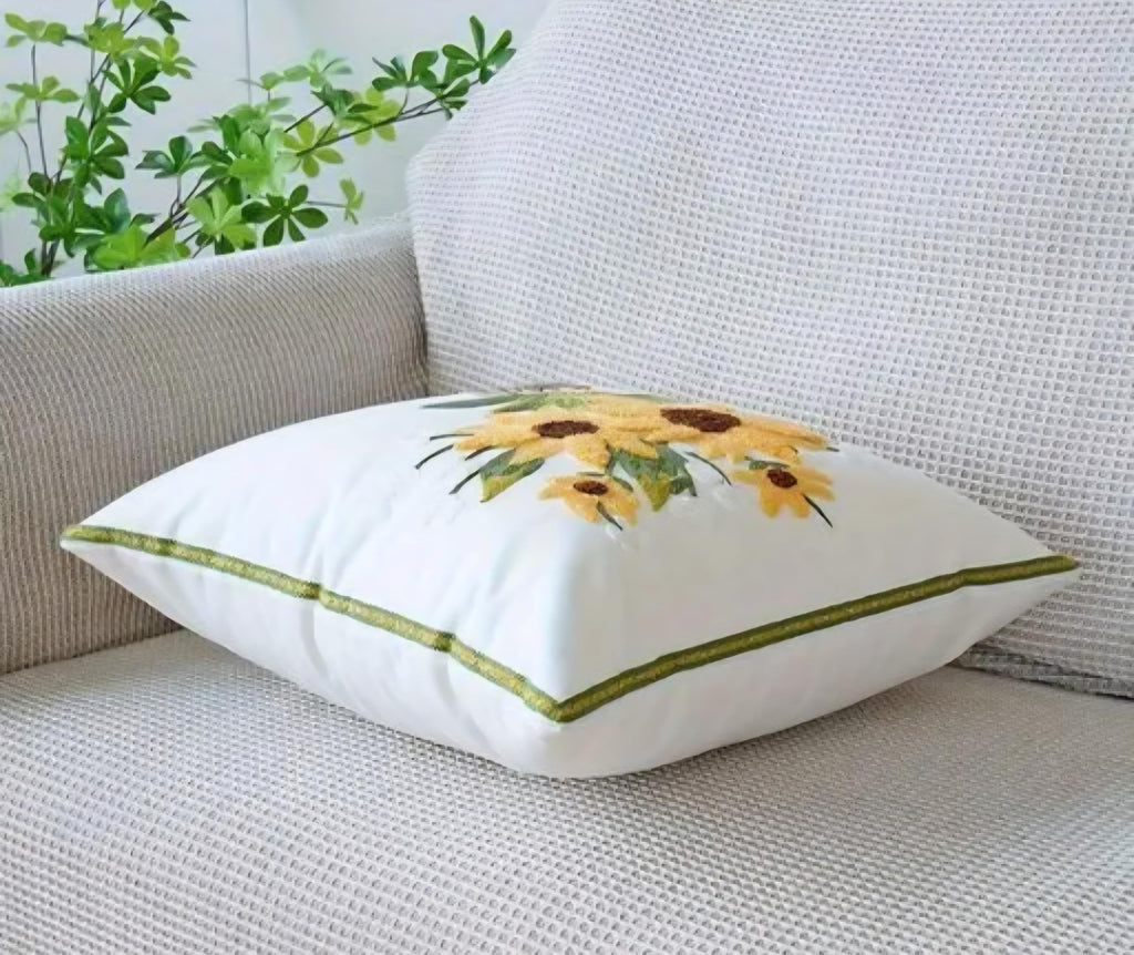 Sunflower Bouquet Embroidered Throw Pillow Cover, White, Floral Design, Square Cushion Case