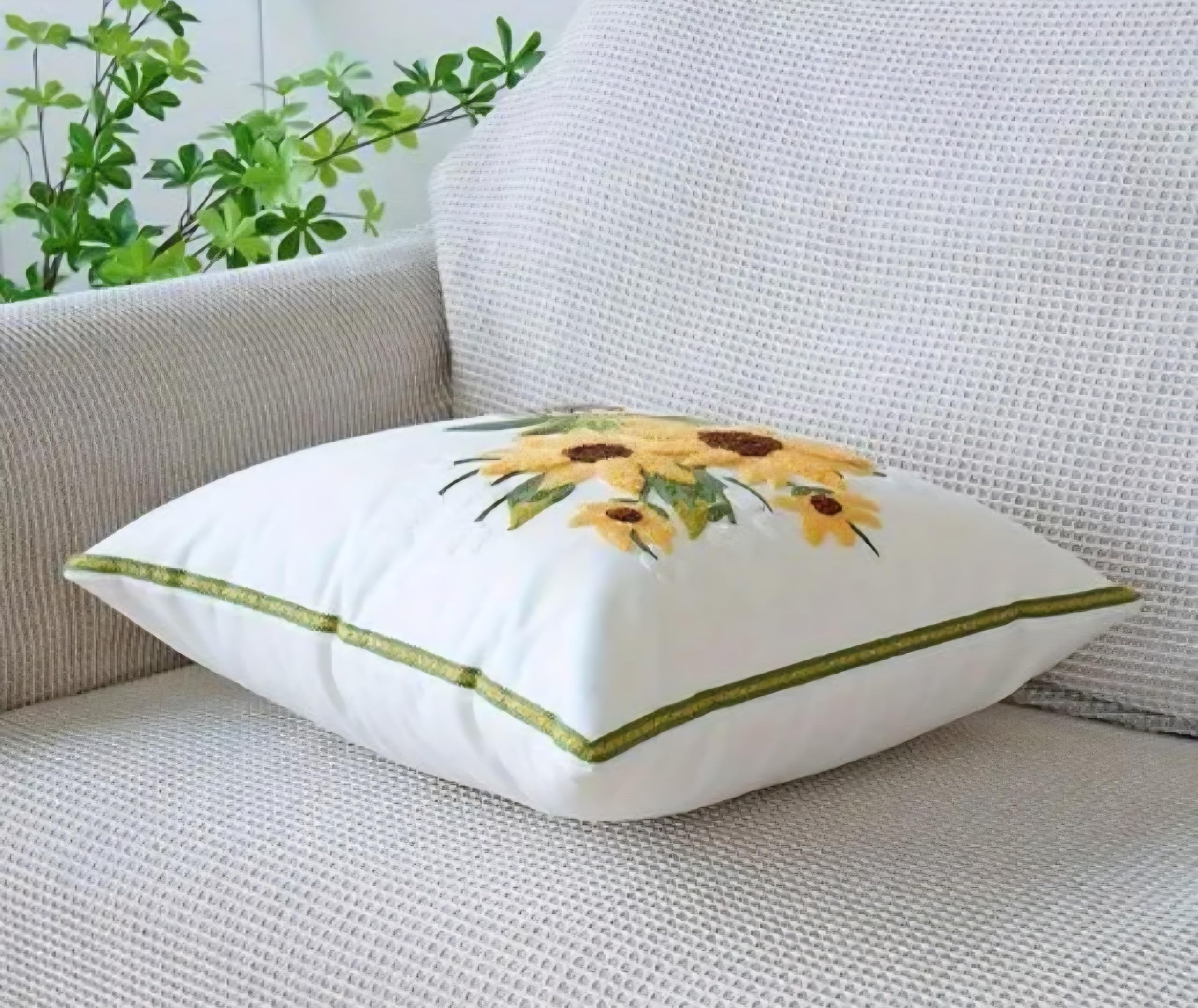 Sunflower Bouquet Embroidered Throw Pillow Cover, White, Floral Design, Square Cushion Case