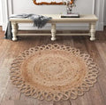 Round Jute Braided Area Rug, Natural Beige, Handwoven with Loop Border, Boho Style, for Living Room