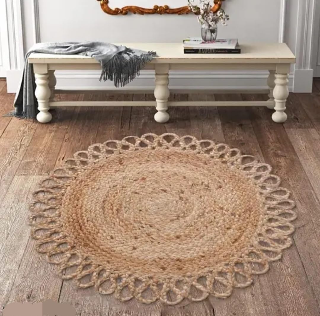 Round Jute Braided Area Rug, Natural Beige, Handwoven with Loop Border, Boho Style, for Living Room