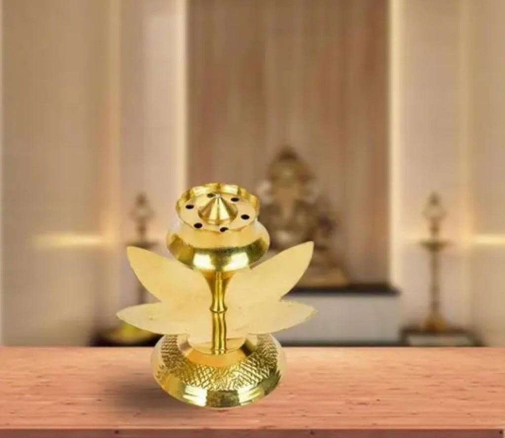 Decorative Gold Brass Incense Holder, Lotus Flower Design, Traditional Temple Style Burner with Multiple Holes