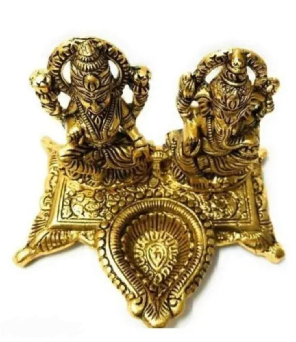 Traditional Brass Lakshmi Ganesh Oil Lamp, Decorative Hindu Deity Diya, Gold Antique Finish, Religious Spiritual Home Decor