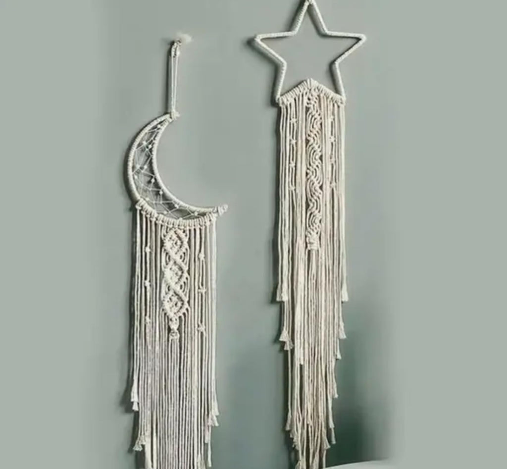 Macrame Wall Hanging Set, Moon and Star Design, Boho Home Decor, White Cotton Woven Tapestry, 2 Pieces
