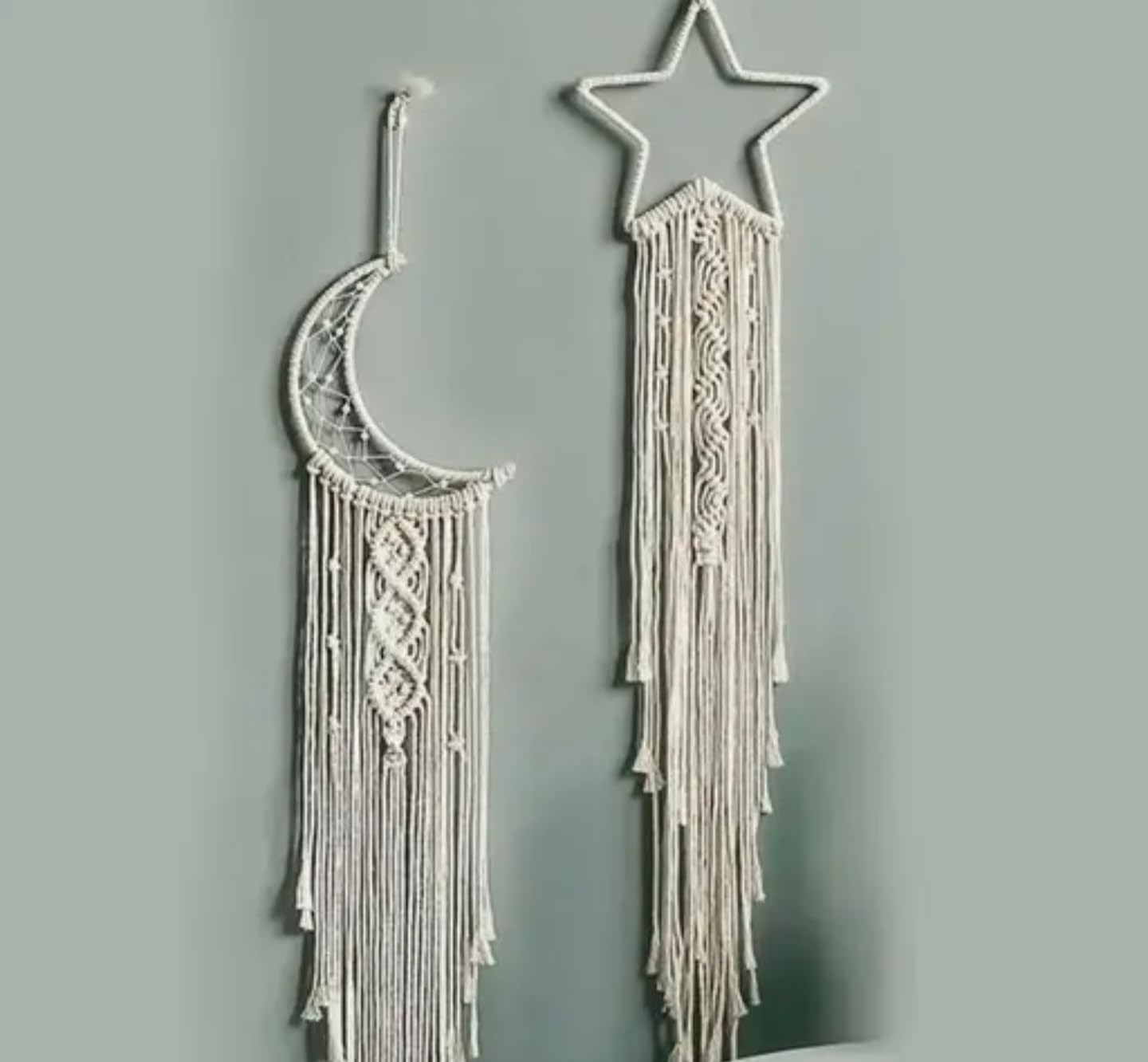 Macrame Wall Hanging Set, Moon and Star Design, Boho Home Decor, White Cotton Woven Tapestry, 2 Pieces