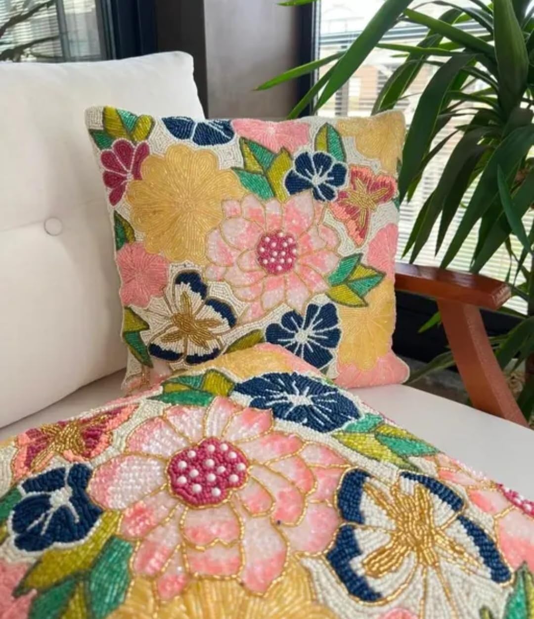 Beaded Throw Pillow Cover, Colorful Boho Flower Design, Decorative Handcrafted Cushion Cover for Sofa