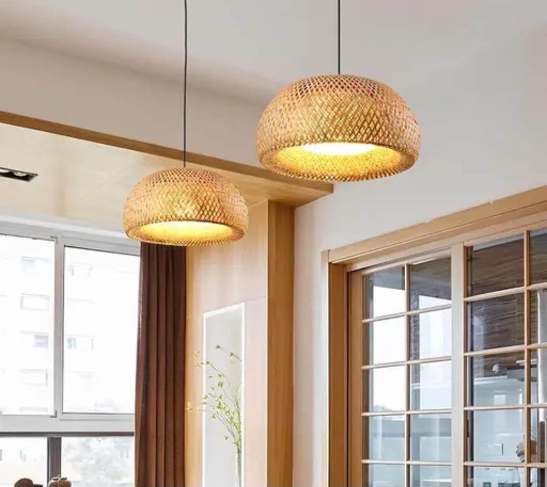 Handwoven Bamboo Pendant Light, Natural Rattan Dome Shade, Hanging Ceiling Fixture