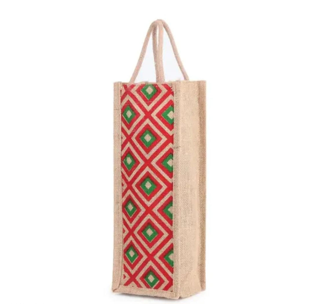 Jute Wine Bottle Tote Bag, Red and Green Diamond Pattern, Natural Burlap, Single Bottle Carrier