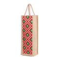 Jute Wine Bottle Tote Bag, Red and Green Diamond Pattern, Natural Burlap, Single Bottle Carrier