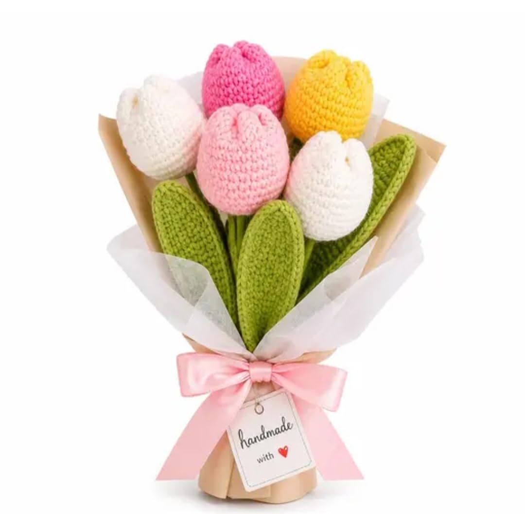 Handmade Crochet Tulip Bouquet, Knitted Artificial Flowers, Pink, White & Yellow, Gift Wrapped with Ribbon