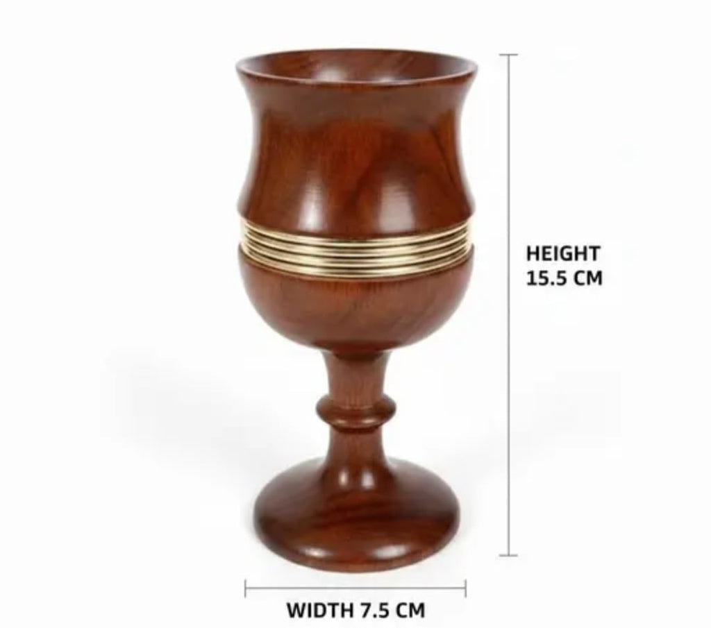 Handcrafted Wooden Goblet Set of 2, Brown with Gold Brass Band Accent, Decorative Wine Cup