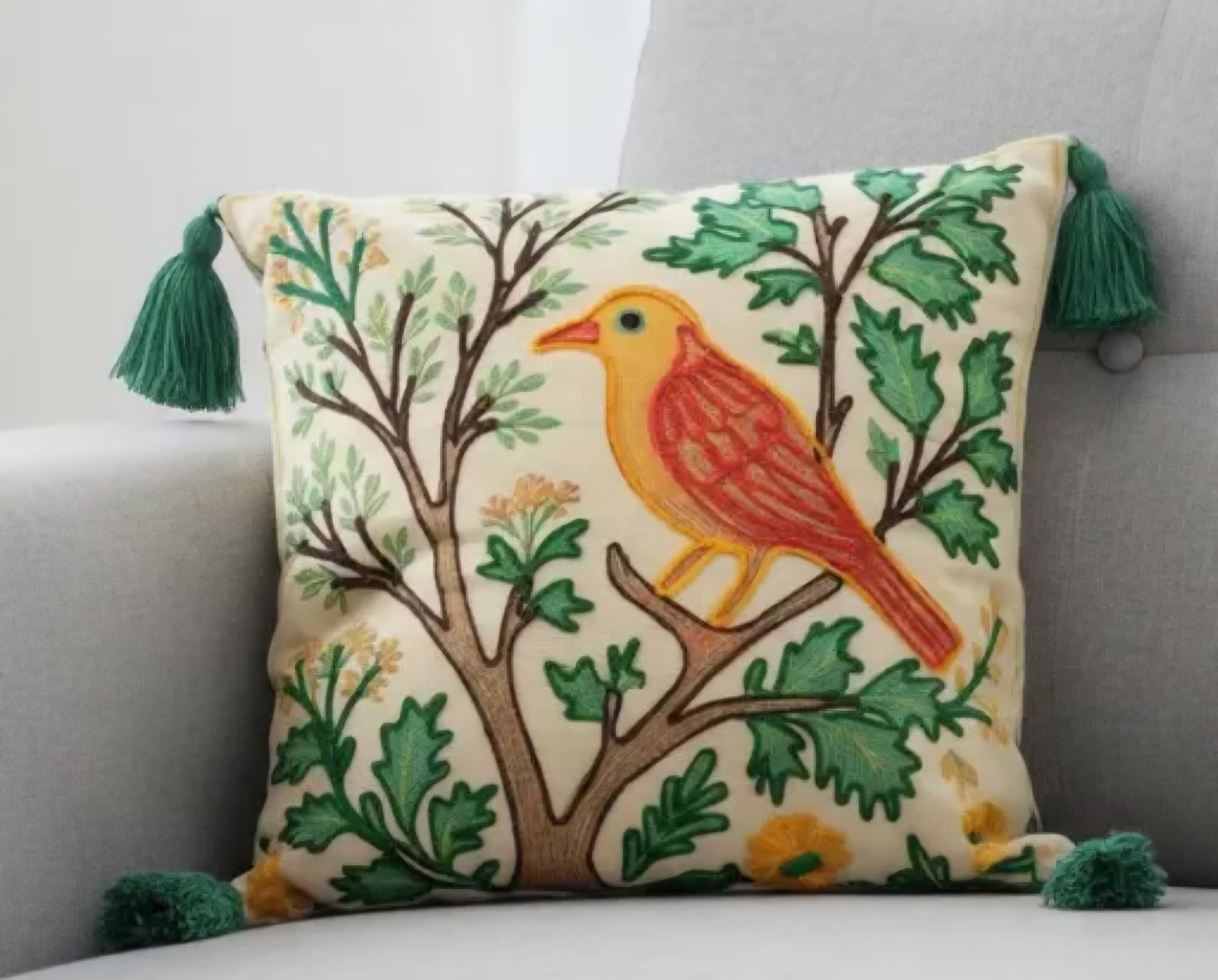 Handcrafted Embroidered Bird on Tree Throw Pillow Cover, Cream, Floral Botanical Style, with Green Tassels, 1 piece
