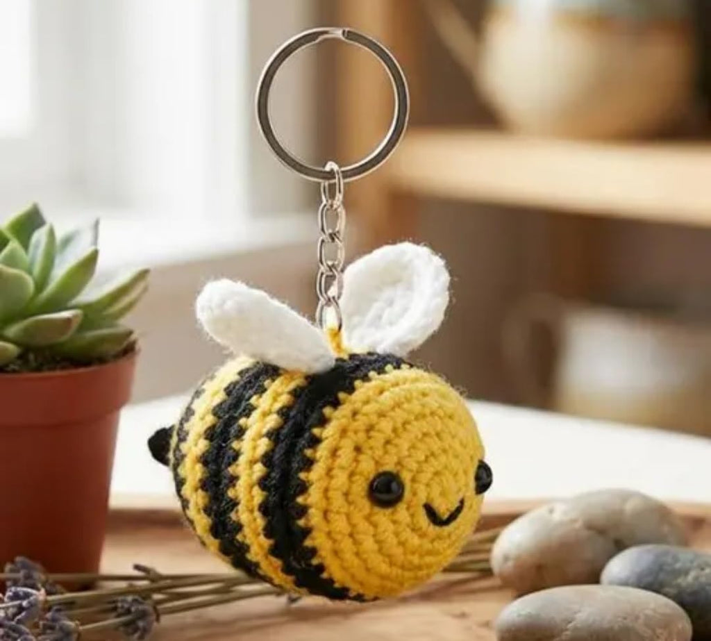 Crochet Bumble Bee Keychain, Handmade Amigurumi, Yellow and Black, Cute Animal Bag Charm