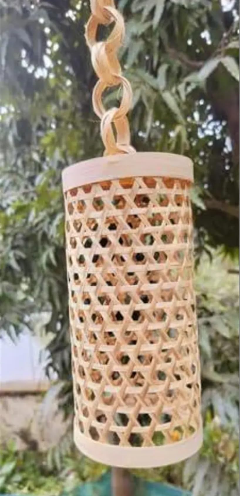 Hanging Pendant Light, Bamboo Woven Lattice Design, Cylindrical Shape, Chain Suspension, Warm Ambient Lighting