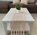 Handmade Macrame Table Runner, White Cotton Crochet Lace with Tassels, Boho Farmhouse Style, for Coffee and Dining Tables