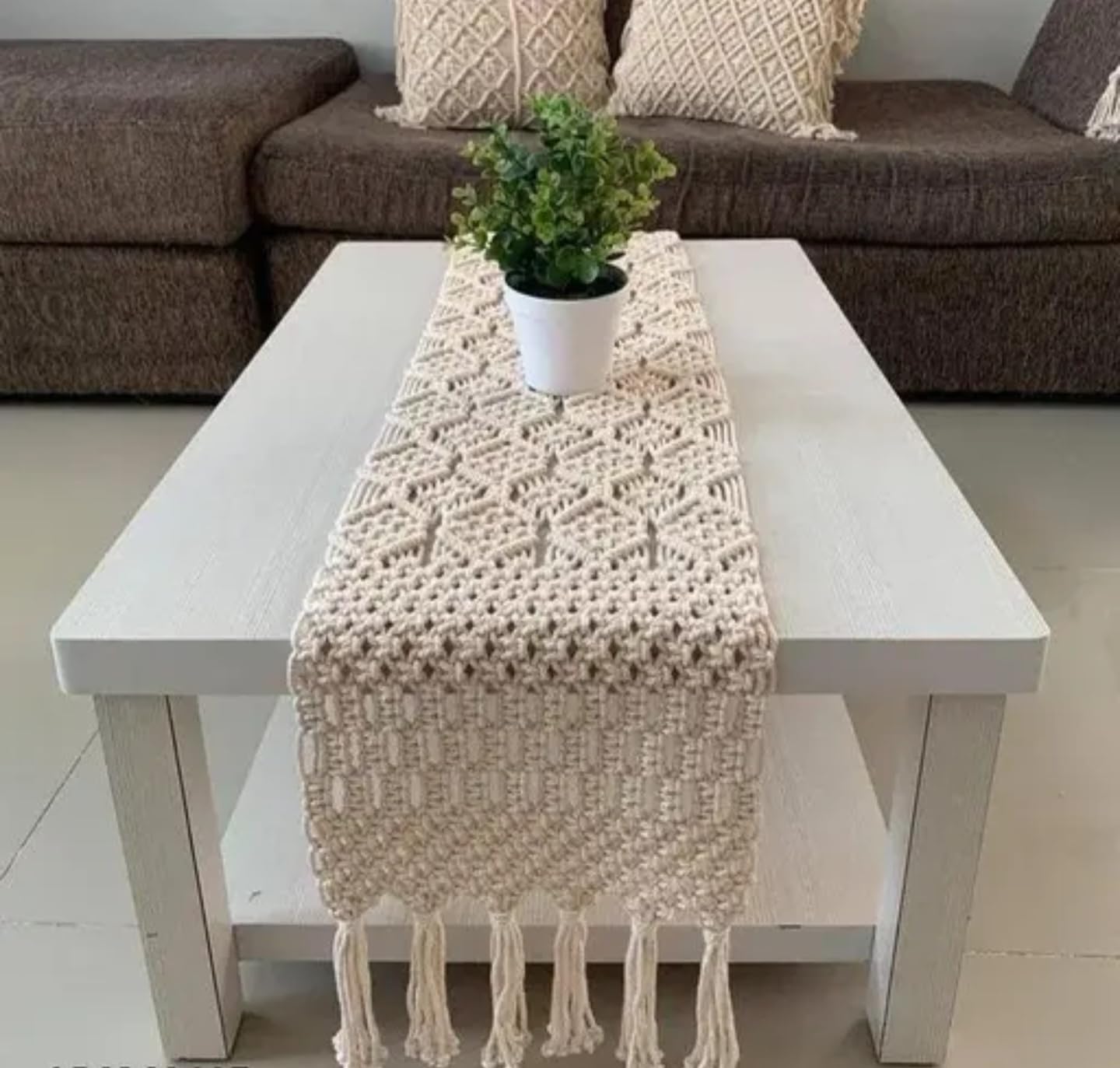 Handmade Macrame Table Runner, White Cotton Crochet Lace with Tassels, Boho Farmhouse Style, for Coffee and Dining Tables