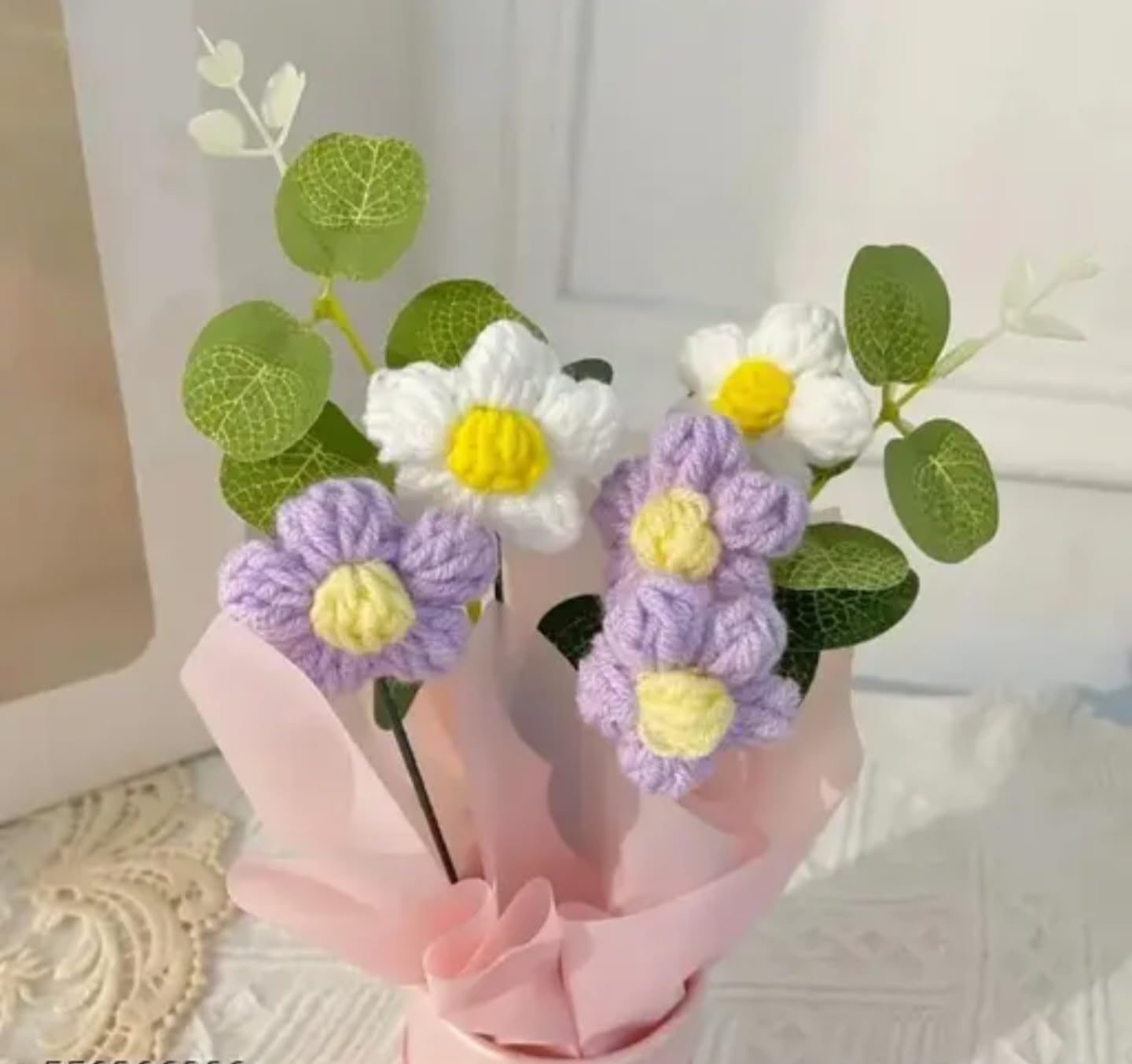 Handcrafted Crochet Flower Bouquet, Purple and White Daisies with Green Leaves in Pink Vase, Decorative Artificial Floral Arrangement