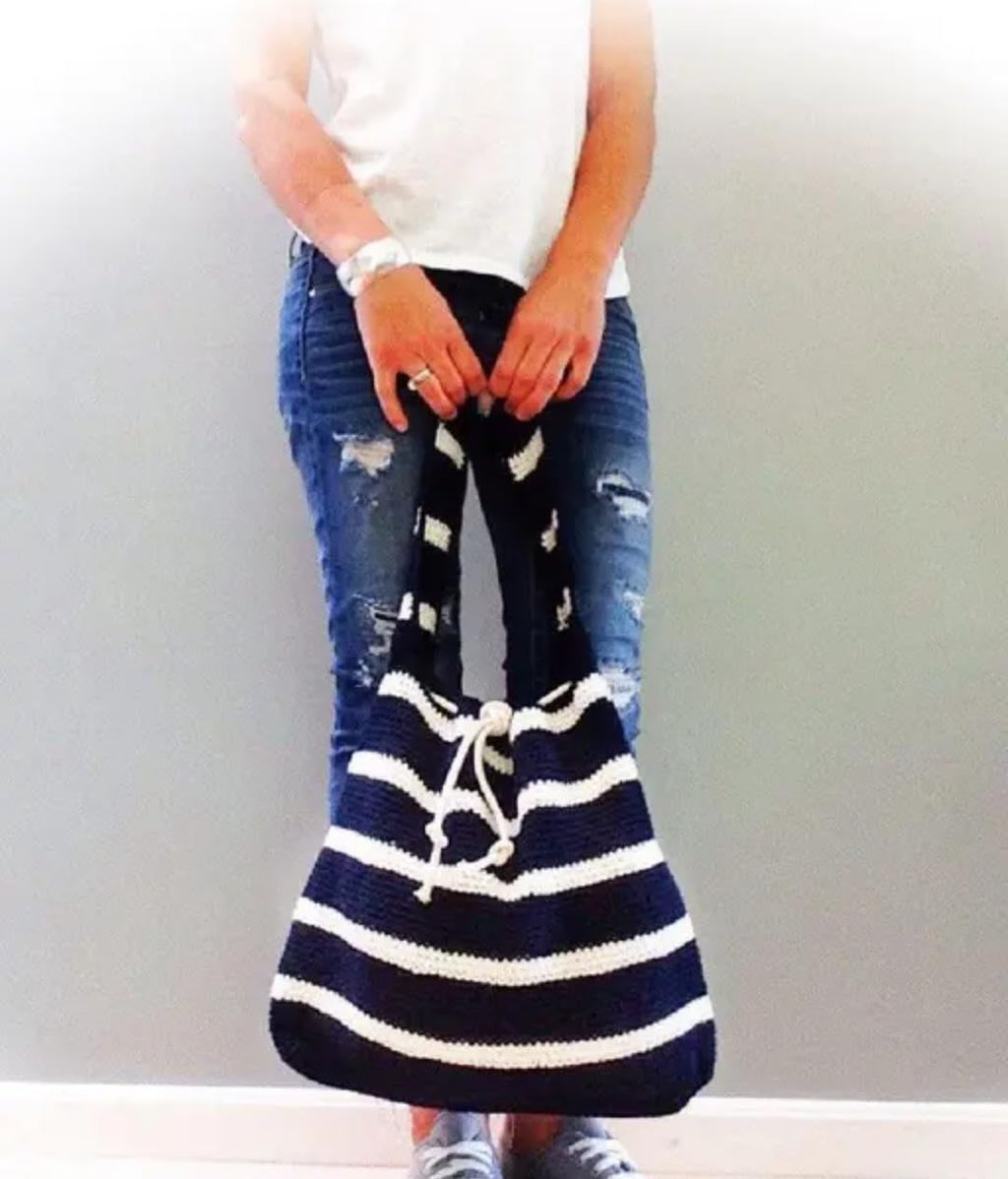 Crochet Tote Bag, Navy Blue and Cream Striped, Knit Beach Bag with Drawstring Closure